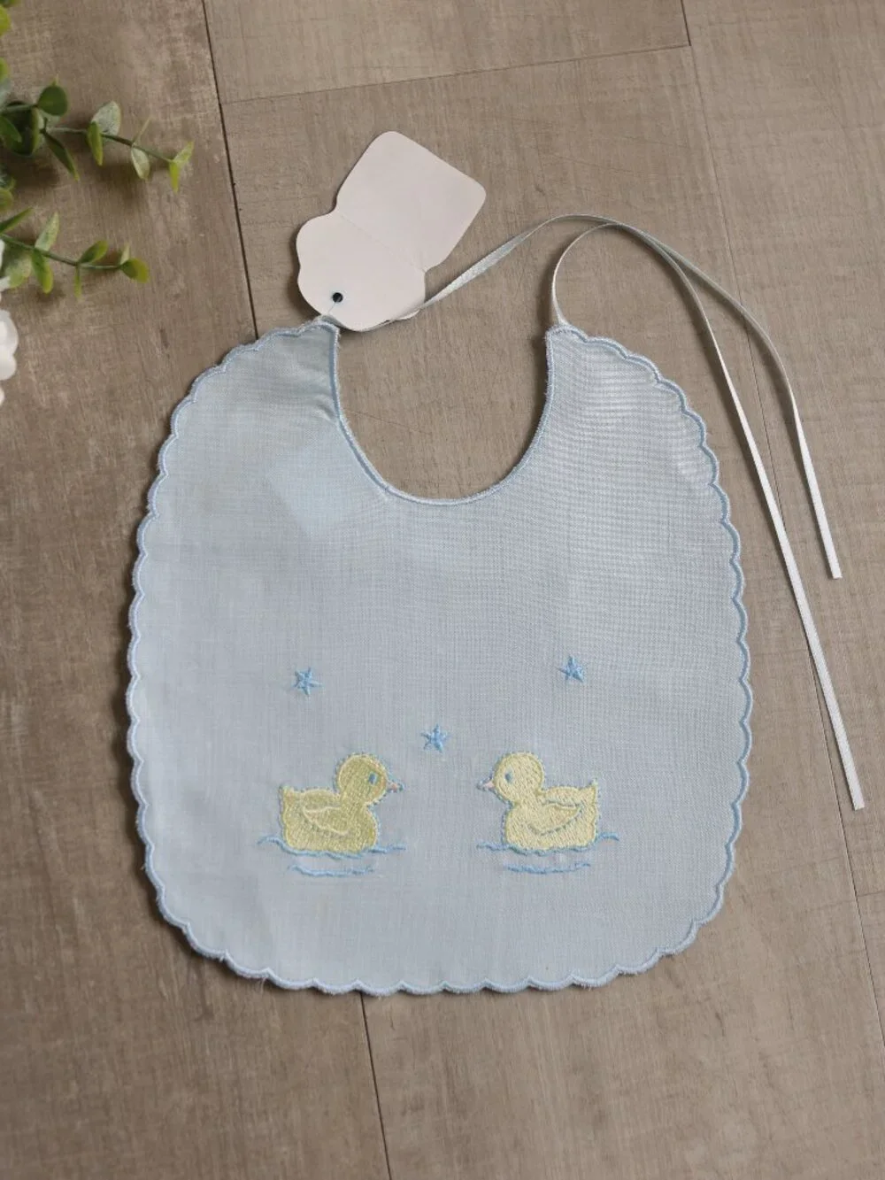 Blue Heirloom 100% Linen Bib Scalloped Embroidery Yellow Duck baby Shower Gift